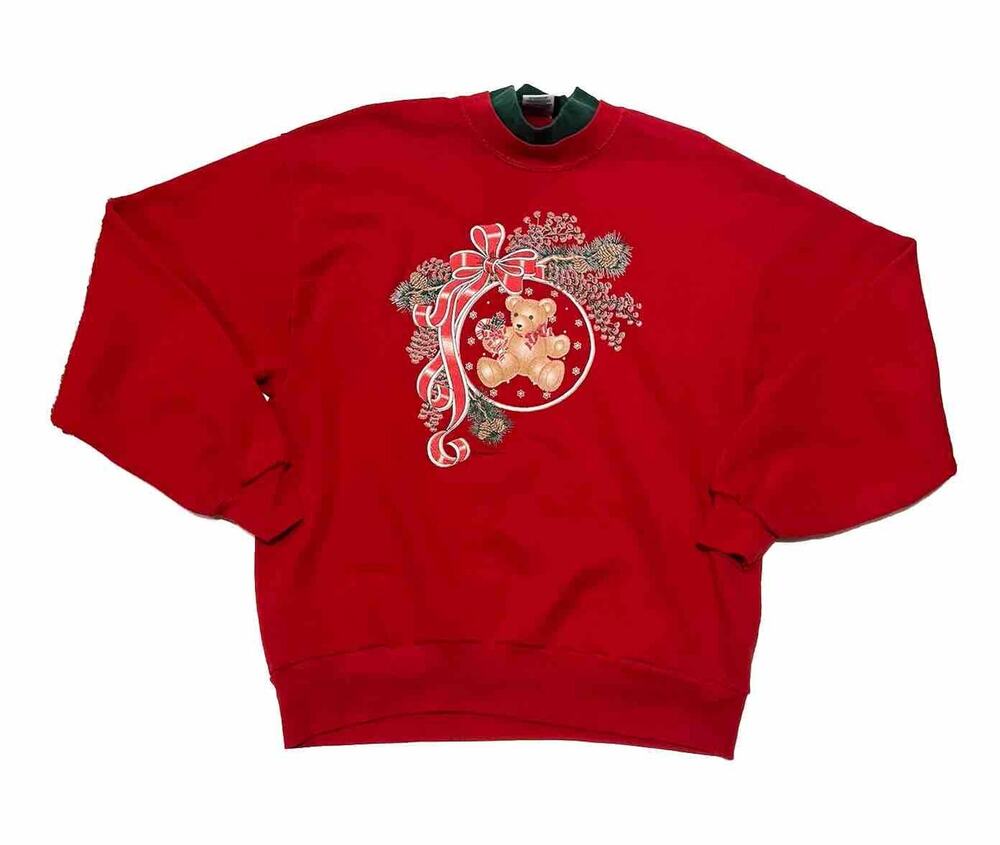 Vintage 90s J Macinally's Jerzees Christmas Teddy Bear Mock Sweatshirt Large